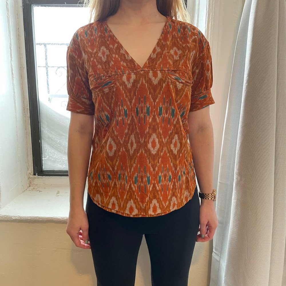 Orange Batik-style v neck top